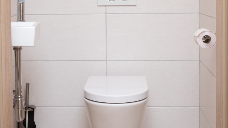 WC, © Familie Schwalm Modernes Badezimmer mit hängender Toilette, kleinem Waschbecken und Toilettenpapierhalter.