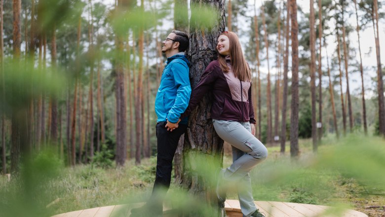 Entspannen im Heilwald Göttweig, © Alexander Pfeffel Photography Zwei Personen lehnen an einem Baum im Wald, auf einer Holzplattform stehend.