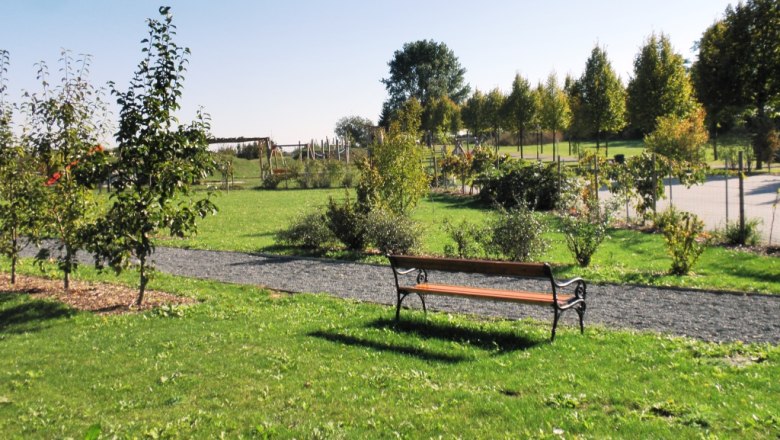 alchemistenpark_september_2011_bank_ausschn_c_alchemistenpark_kirchberg_am_wagram, © Siegfried Tatschl Eine Parkbank steht auf einer Wiese im Alchemistenpark Kirchberg am Wagram, umgeben von Bäumen und einem Kiesweg.