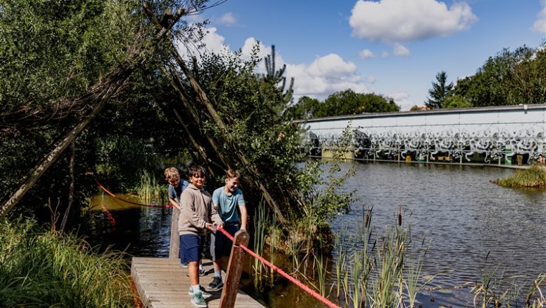UnterWasserReich Schrems, © Waldviertel Tourismus, Matthias Streibel Drei Kinder auf einem Holzsteg an einem Teich mit Pflanzen und Bäumen im Hintergrund.