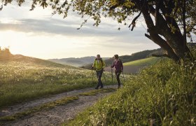 Wanderweg in Bad Schönau, © Wiener Alpen, Lierzer Zwei Personen wandern auf einem Feldweg bei Sonnenuntergang in einer hügeligen Landschaft.