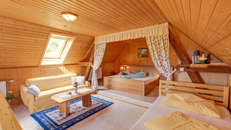 Schlafzimmer, © Wachahof Gemütliches Schlafzimmer mit Holzwänden, einem Bett, Sofa und Dachfenster.