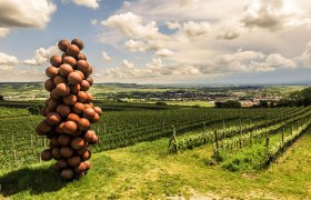 Skulptur "ohne Titel 2005" in der Riede Käferberg, © Point of View / Robert Herbst Skulptur aus Kugeln in Form einer Weintraube auf einem Weinberg mit Blick auf eine Landschaft.