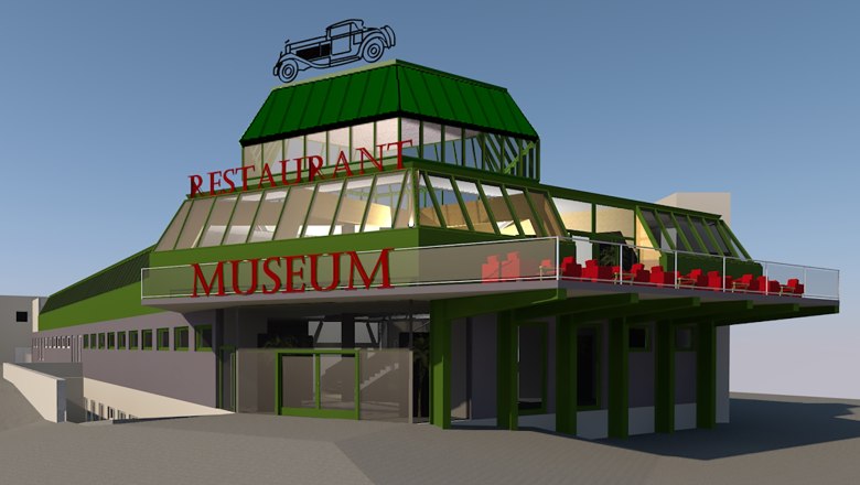 Oldtimermuseum, © Kruczynski Gebäude mit grünem Dach, Aufschrift 'Restaurant' und 'Museum', Oldtimer-Symbol auf dem Dach.