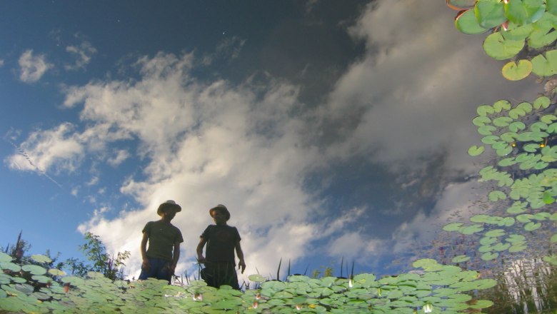 Gartenteich im Ecolution.Lab, © Bernd Hochwartner Spiegelung von zwei Personen und Wolken in einem Teich mit Seerosen.