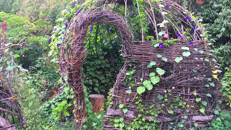 img_1662k_klein_c_susanne-mitas, © Susanne Mitas Ein mit Pflanzen bewachsener Weidenpavillon in einem Garten.