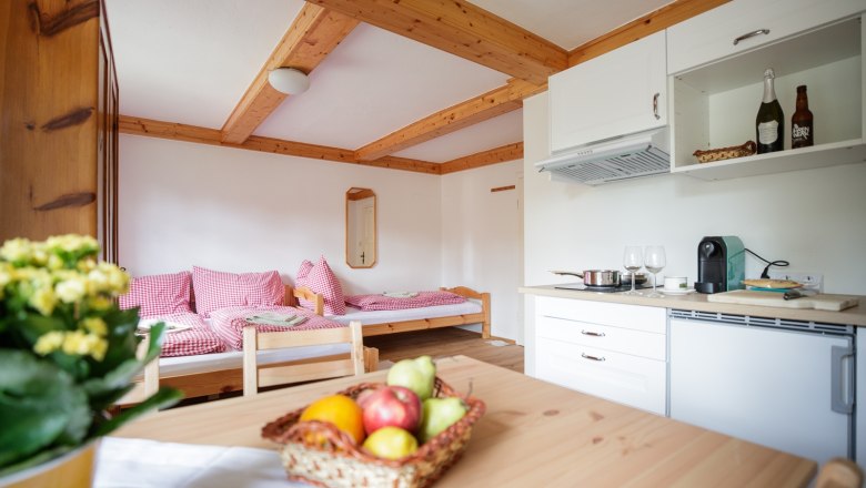 Gem&uuml;tliche Ferienwohnung mit Holzm&ouml;beln, einer kleinen K&uuml;che und einem Bett mit rot-wei&szlig; karierten Kissen. Ein Obstkorb steht auf dem Tisch.