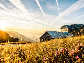 Die sanften Hügel der Rax erstrahlen im warmen Licht der Morgensonne, während die Wiesen mit bunten Wildblumen geschmückt sind. Ein Gefühl von Freiheit und Abenteuer liegt in der Luft, perfekt für eine Erkundungstour durch die atemberaubende alpine Landschaft.