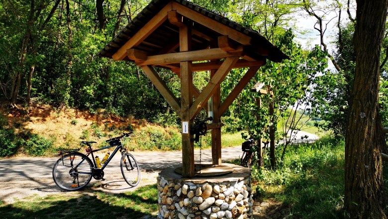 Ein h&ouml;lzerner Weinbrunnen mit einem Fahrrad daneben, umgeben von B&auml;umen und gr&uuml;nem Laub.