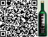 QR Code, © V-card-125 QR Ein QR-Code neben einer grünen Flasche mit der Aufschrift 'Rüpel'.