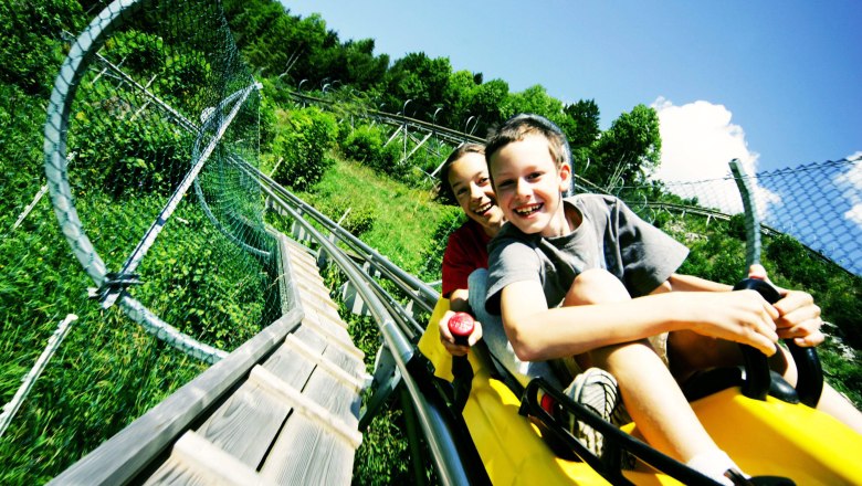 Zwei Kinder fahren lachend auf einer Sommerrodelbahn durch gr&uuml;ne Landschaft.