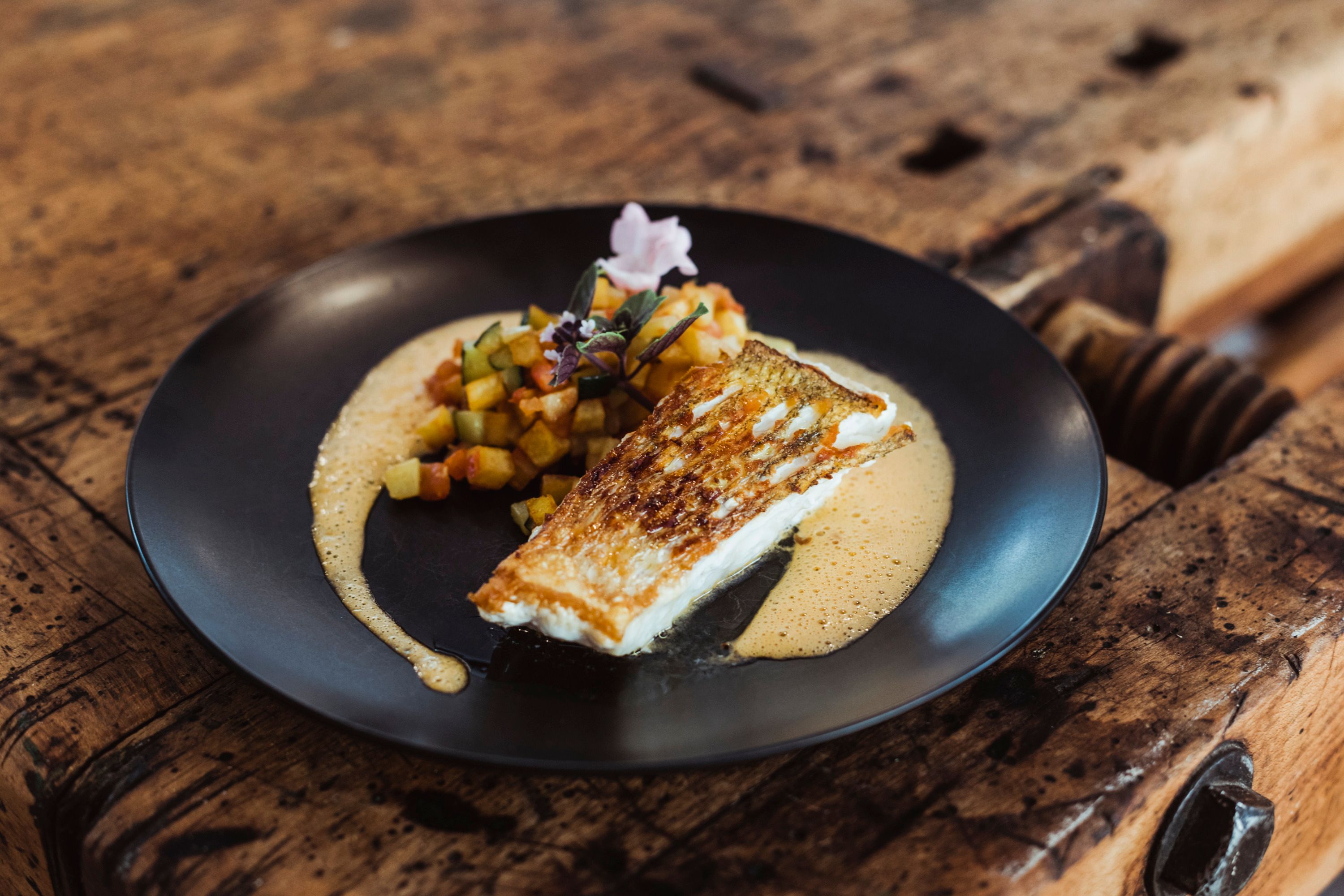 Gebratener Fisch mit Gemüsewürfeln und Sauce auf schwarzem Teller serviert.