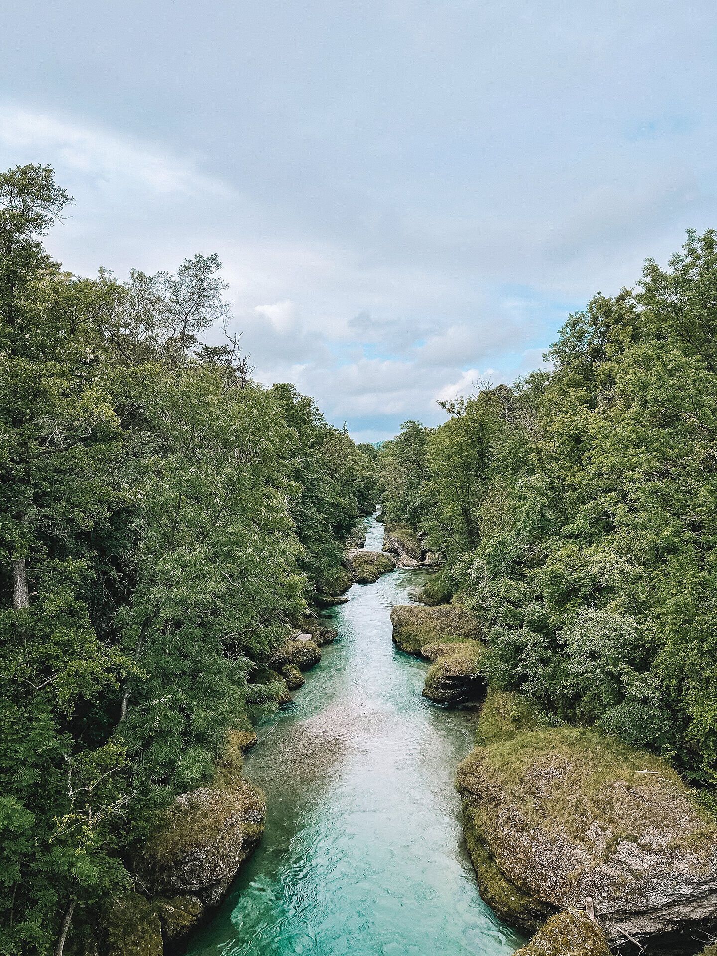 Die sanften Wellen des klaren Wassers plätschern leise über die moosbedeckten Steine, während die üppige Vegetation die Umgebung in ein grünes Paradies verwandelt. Ein Wanderer genießt die friedliche Atmosphäre und die erfrischende Brise, die durch die Bäume weht.