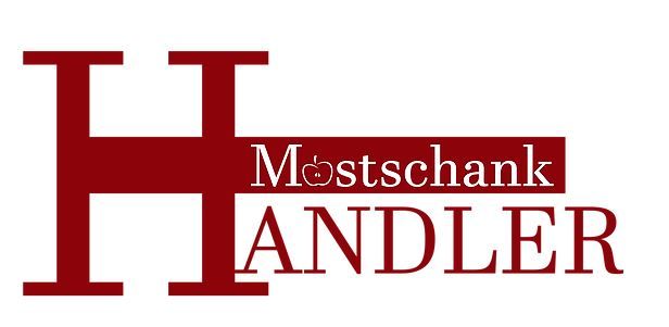 Logo der Mostschank Handler mit großem roten H und Apfel im Schriftzug.