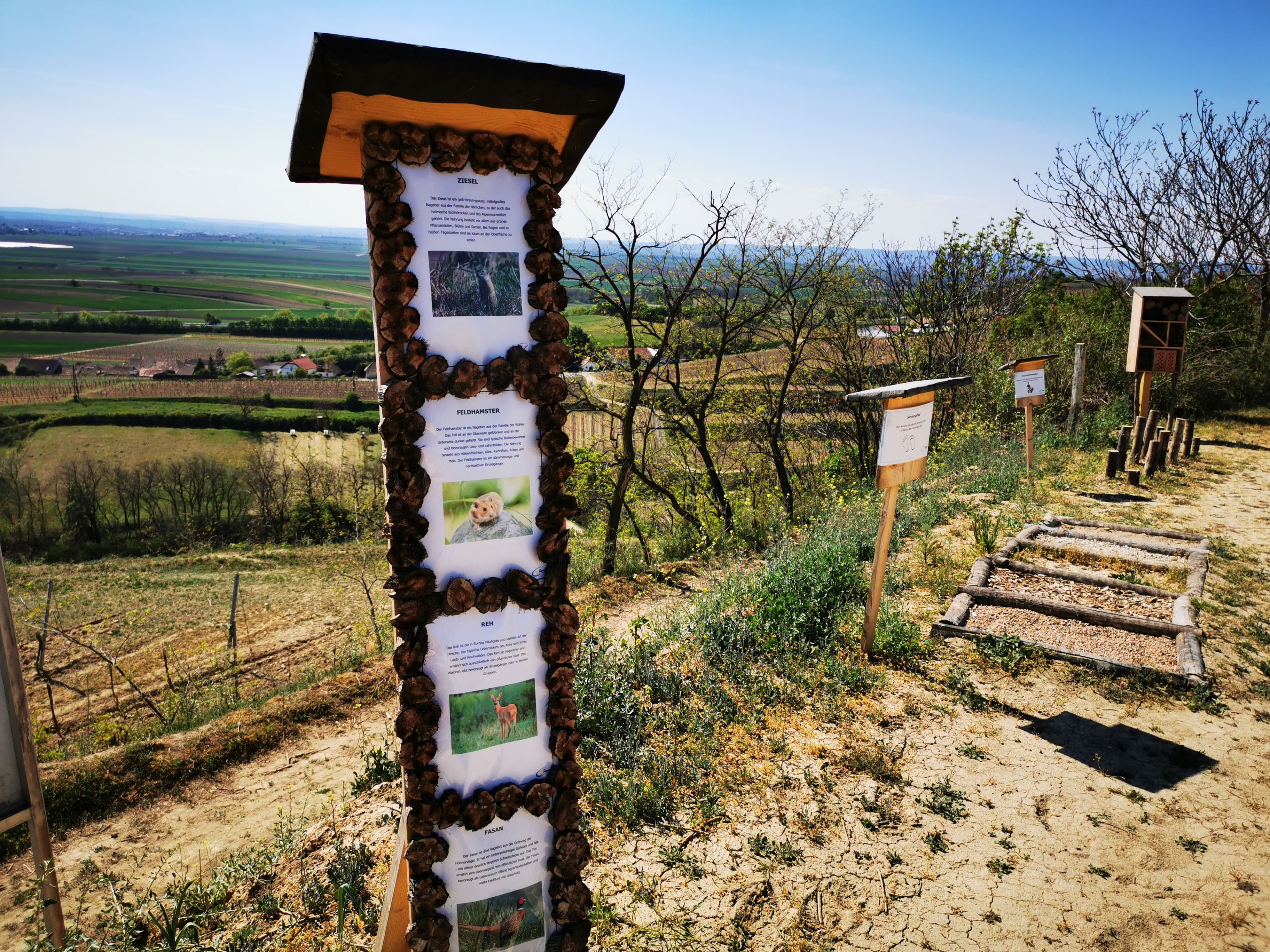 Lehrpfad mit Infotafeln in einer ländlichen Landschaft.