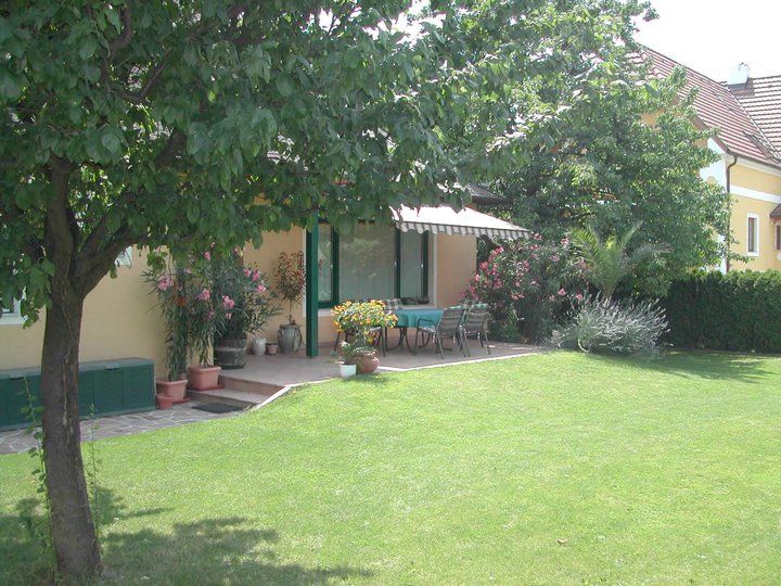 Ein gepflegter Garten mit Rasen, Bäumen und einer Terrasse vor einem gelben Haus.