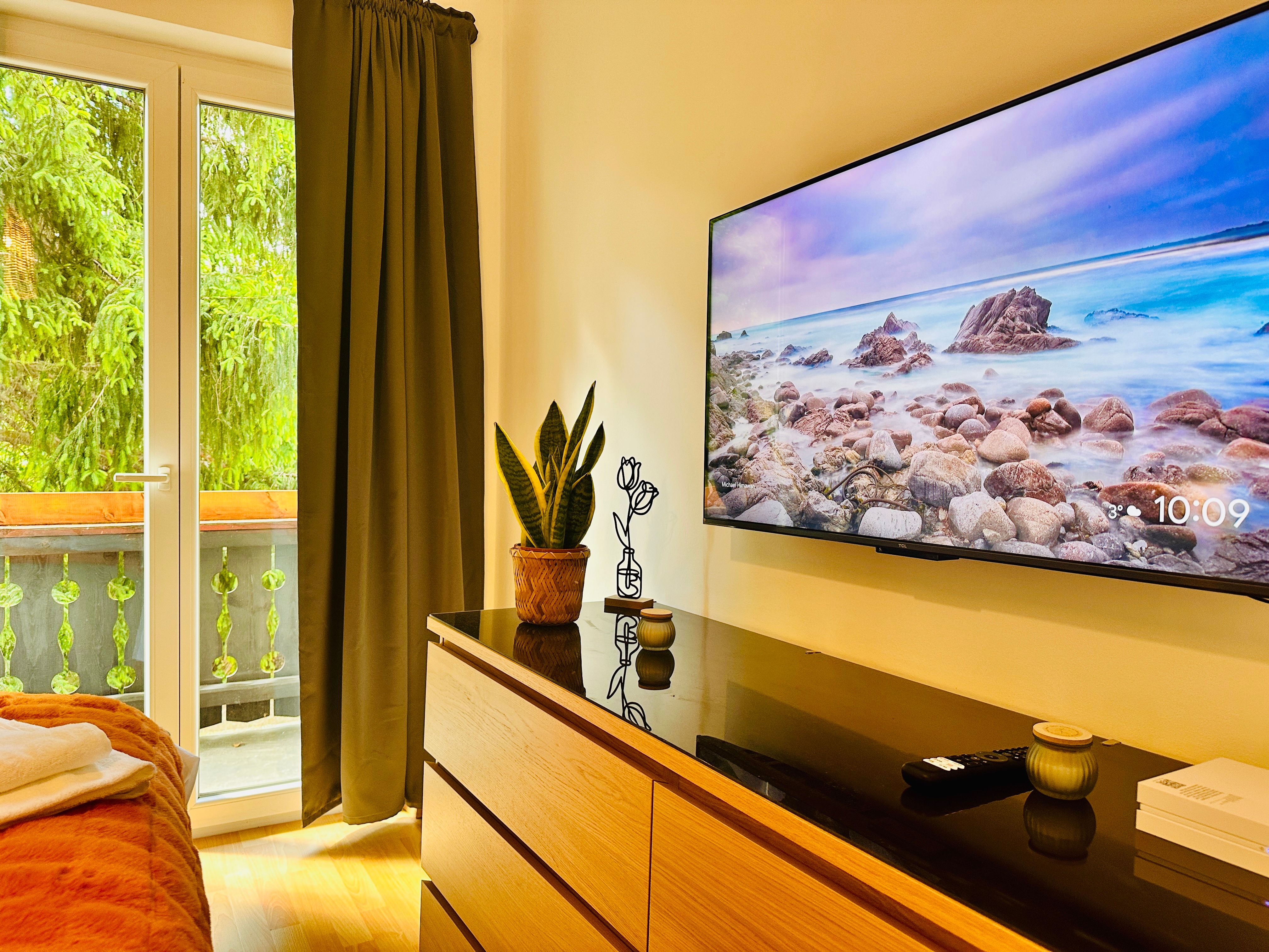 Gemütliches Zimmer mit TV, Kommode, Pflanze und Balkonblick.