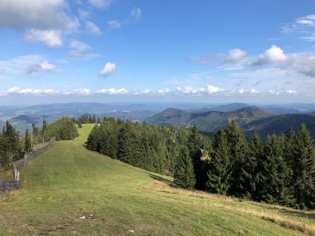 Blick auf eine grüne Berglandschaft mit Wäldern und blauem Himmel.