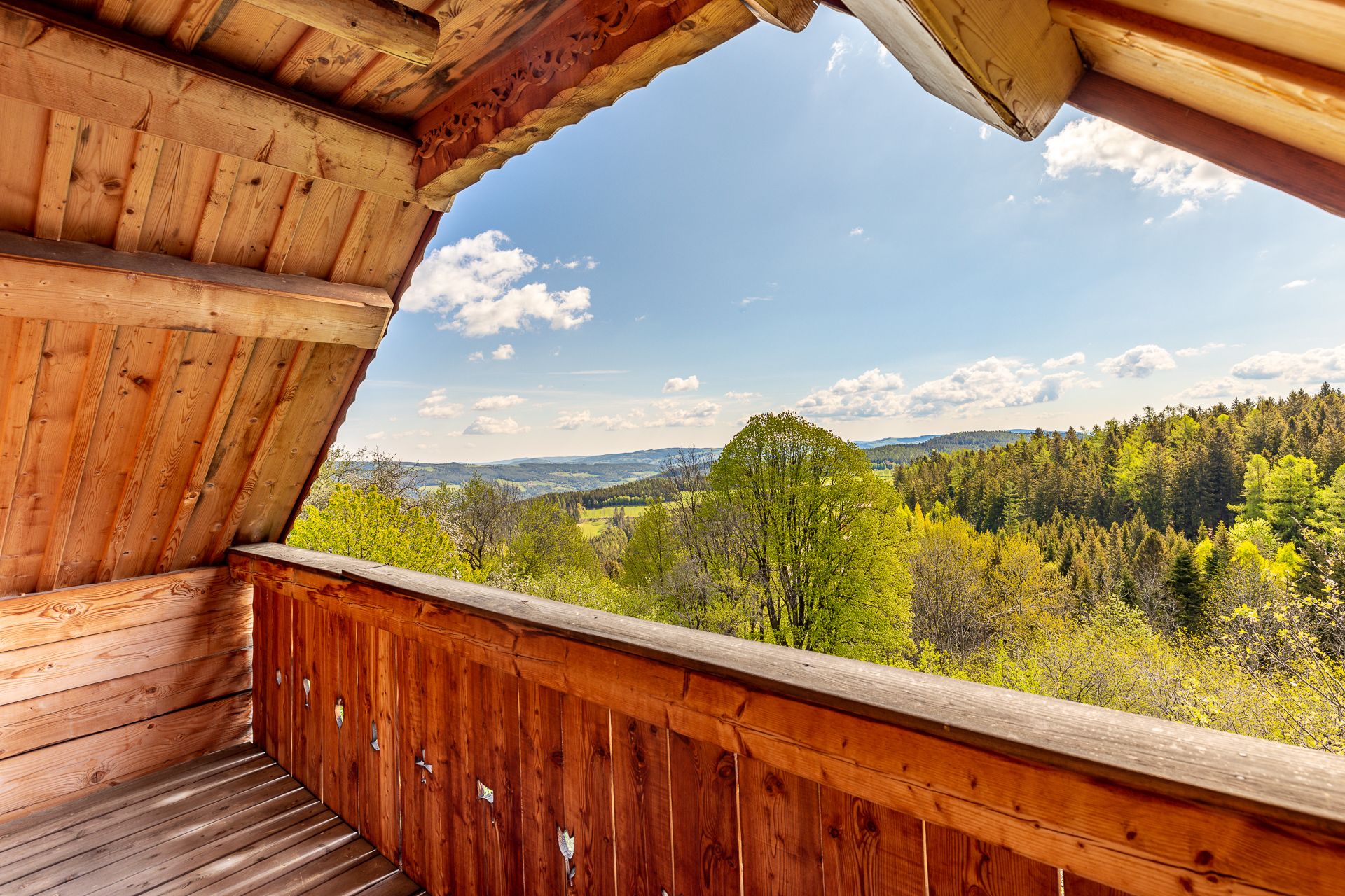Ausblick von Holzbalkon auf grüne Landschaft mit Hügeln, Bäumen und blauem Himmel.
