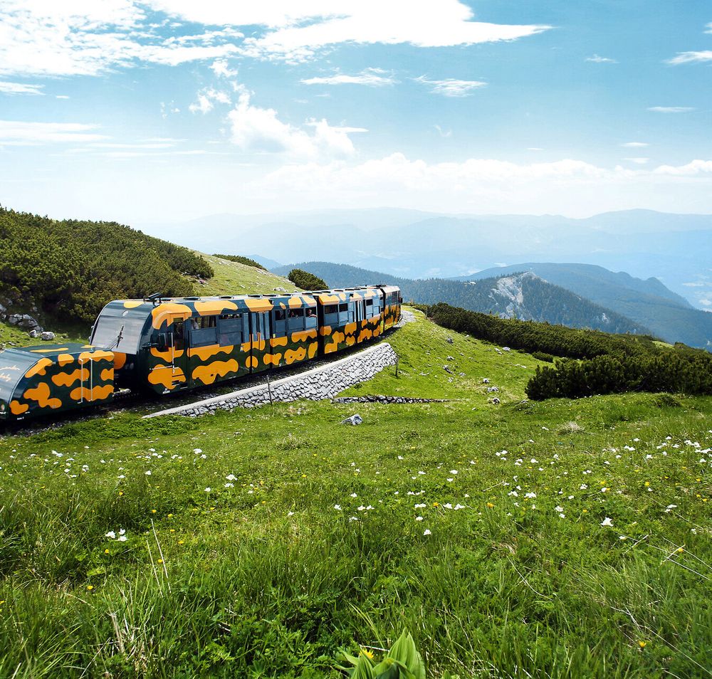 Salamander Zug mit orange-schwarzer Lackierung fährt auf Bergstrecke durch grüne Wiesen mit Blumen und Bergen im Hintergrund