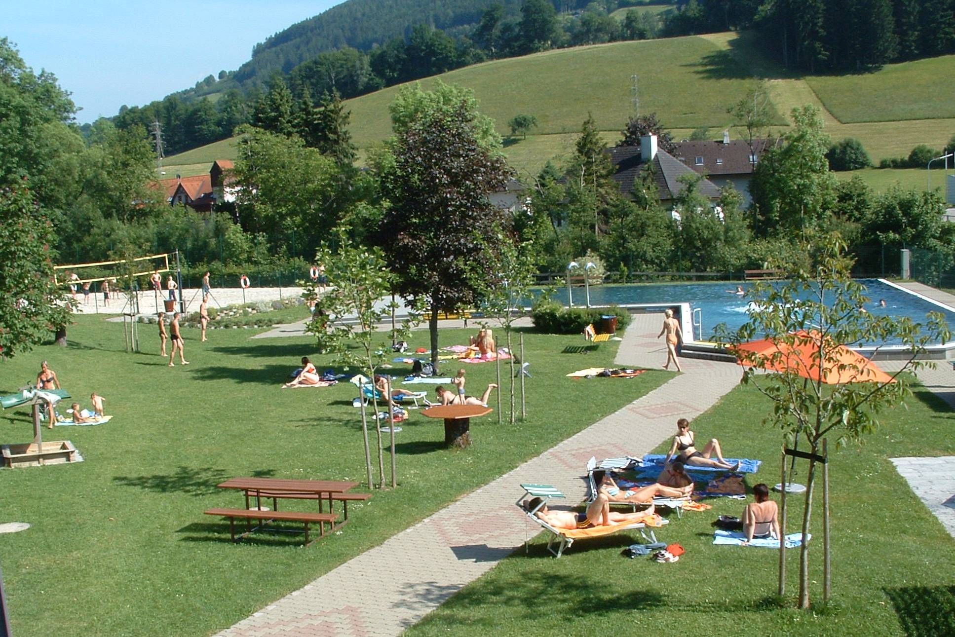 Menschen entspannen auf einer Wiese neben einem Schwimmbad mit Blick auf Hügel und Bäume.