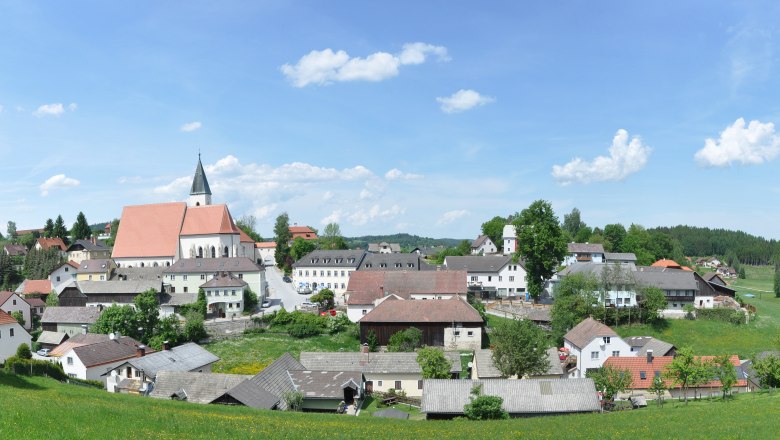 Panorama der Marktgemeinde Schönbach mit Kirche und umliegenden Häusern, umgeben von grünen Wiesen und Wäldern unter blauem Himmel.