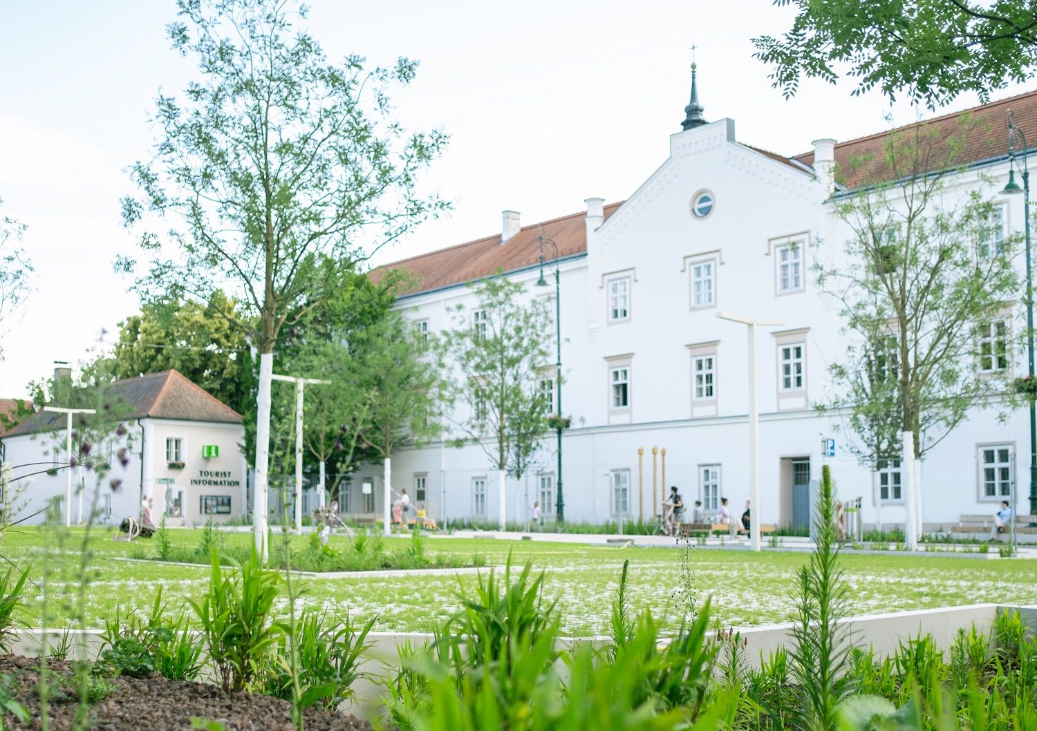 Rathaus im Hintergrund davor Blumenbeet 