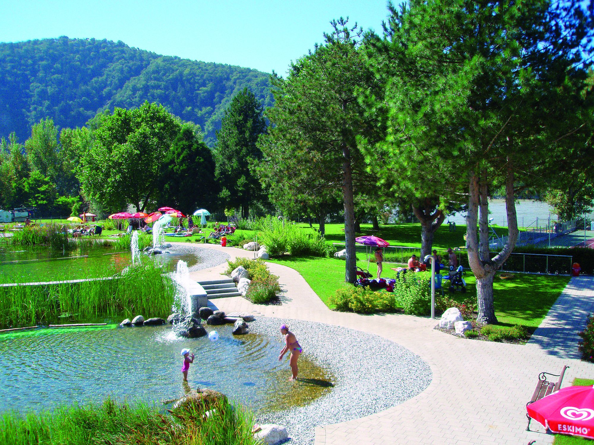 Freibad mit Naturteich, Bäumen und Liegewiese in Dürnstein.