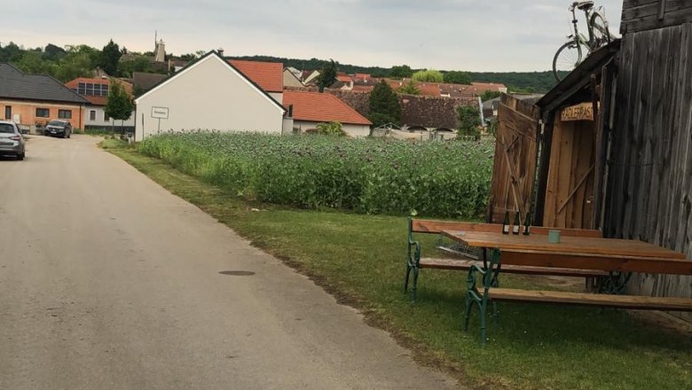 Dorfstra&szlig;e mit Holzh&uuml;tte und Fahrrad auf dem Dach, B&auml;nke und Tisch daneben, Felder und H&auml;user im Hintergrund.