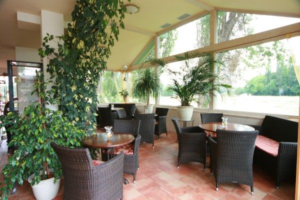 Ein heller Wintergarten mit Korbmöbeln und vielen Pflanzen.