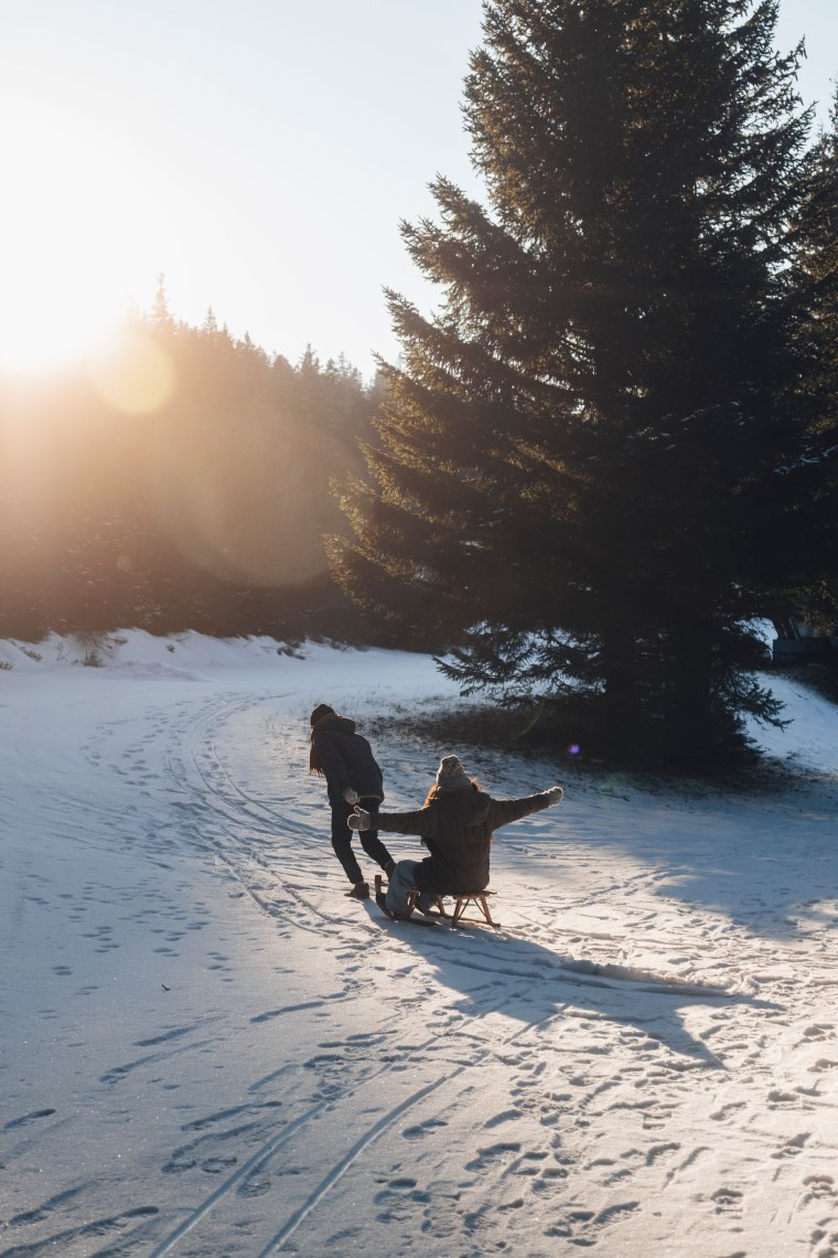 Die sanften Hügel der Wiener Alpen laden zu einem unvergesslichen Winterabenteuer ein. Während die Sonne langsam hinter den Bäumen verschwindet, gleiten fröhliche Rodler die schneebedeckten Pisten hinunter und genießen die klare, kalte Luft. Ein perfekter Tag für Familien und Freunde, um die winterliche Landschaft in vollen Zügen zu erleben.