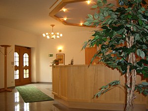 Empfangsbereich eines Gasthofs mit Holztresen und Pflanze.