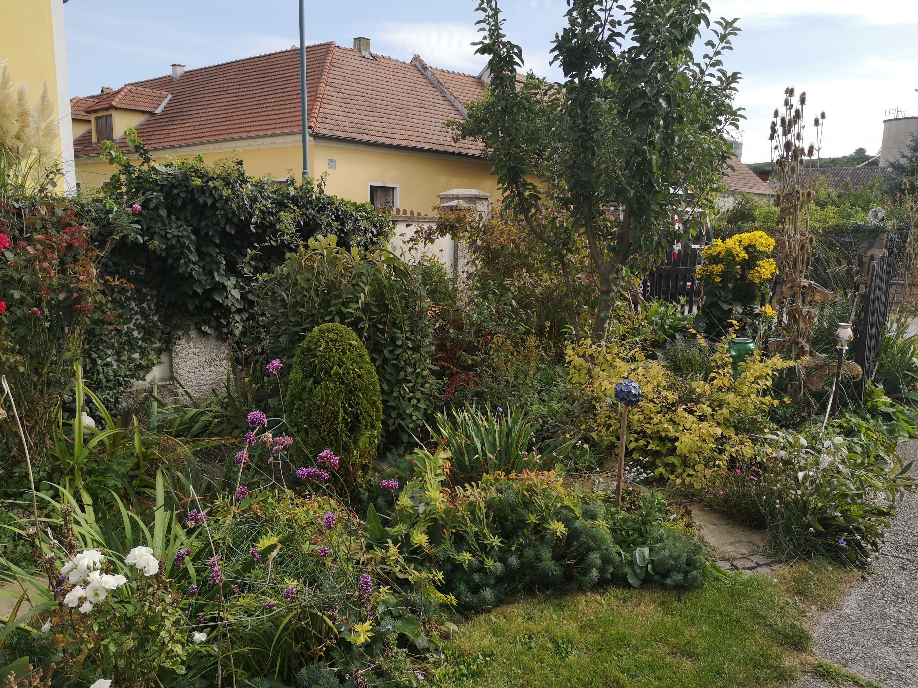 Ein bunter Garten mit verschiedenen Pflanzen und Blumen vor einem gelben Haus mit rotem Dach.