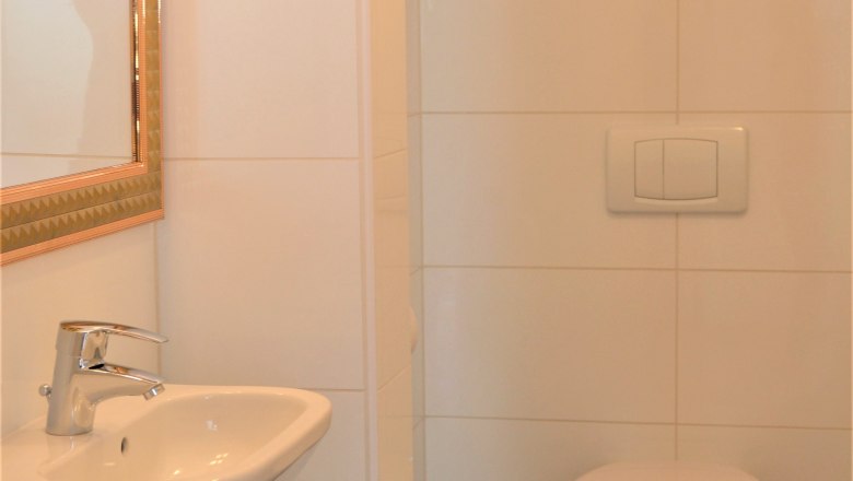 Kleines Badezimmer mit Waschbecken, Spiegel, Toilette, Mülleimer und Toilettenbürste.