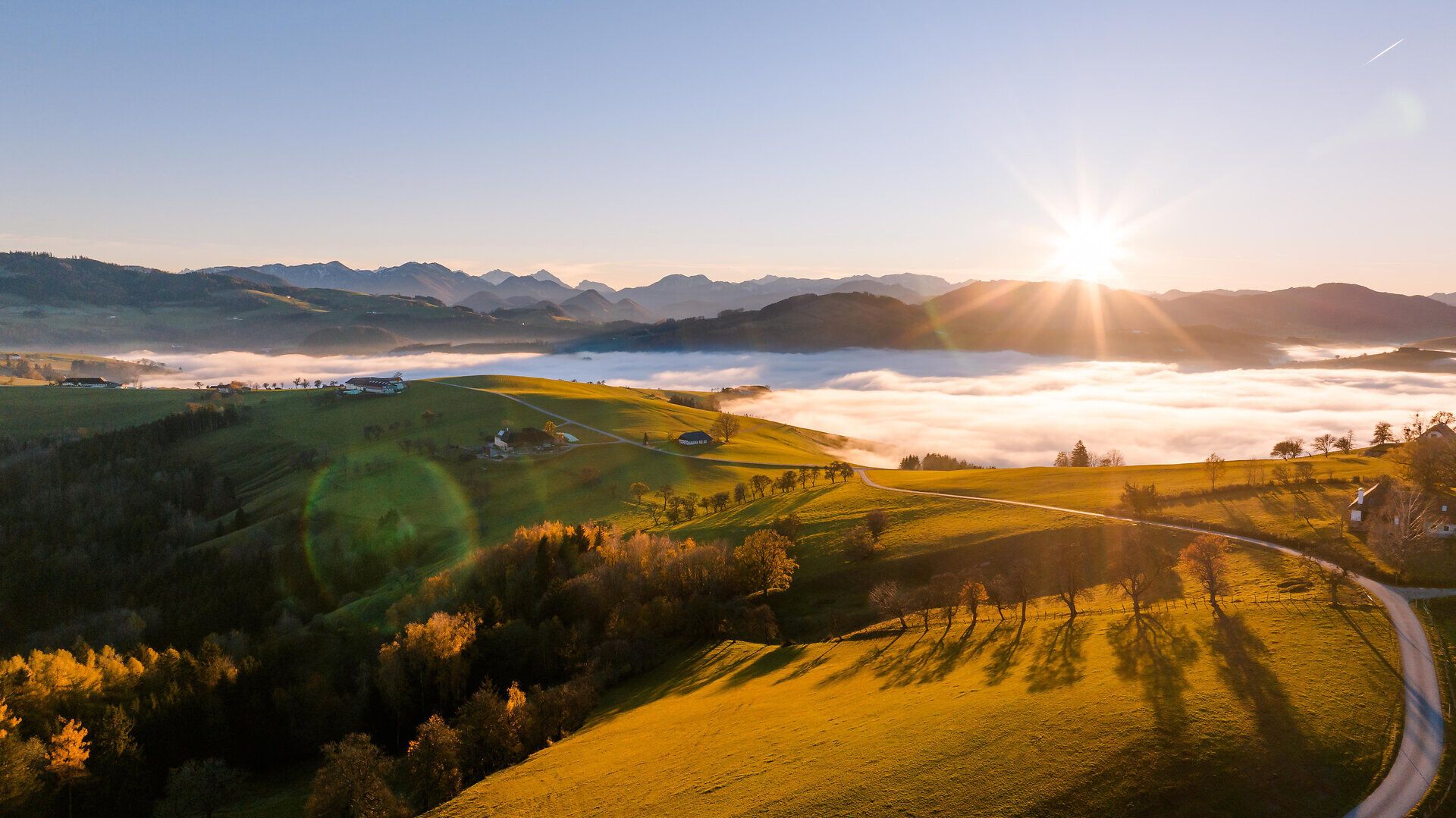 Die sanften Hügel des Mostviertels erstrahlen im warmen Licht der Herbstsonne, während der Nebel sanft über die Täler zieht. Diese malerische Landschaft lädt dazu ein, die frische Luft zu genießen und die Ruhe der Natur zu erleben.