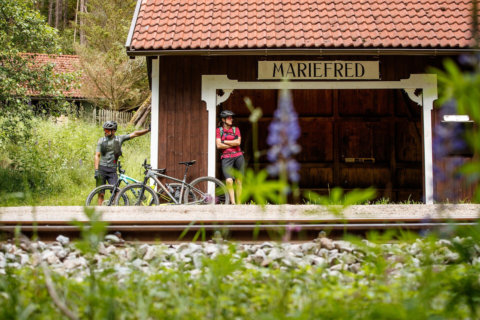 Inmitten der üppigen Natur stehen Radfahrer entspannt an der Haltestelle der Waldviertelbahn. Die sanften Hügel und das Spiel des Lichts zwischen den Bäumen schaffen eine einladende Atmosphäre für Abenteuerlustige. Hier beginnt die Erkundung der malerischen Landschaften des Granittrails.