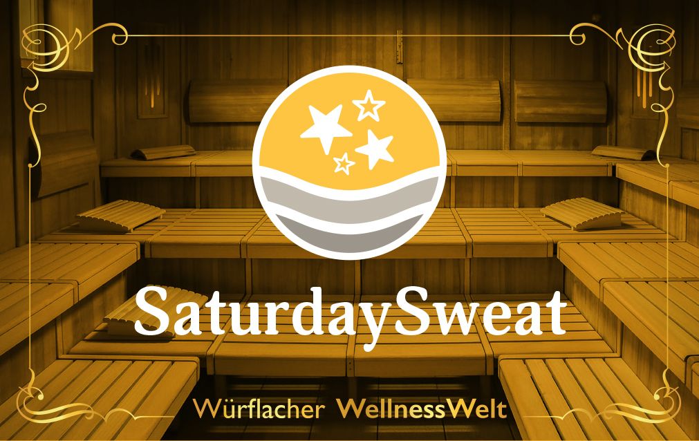 Innenansicht einer Sauna mit Holzbänken und dem Logo von Saturday Sweat.