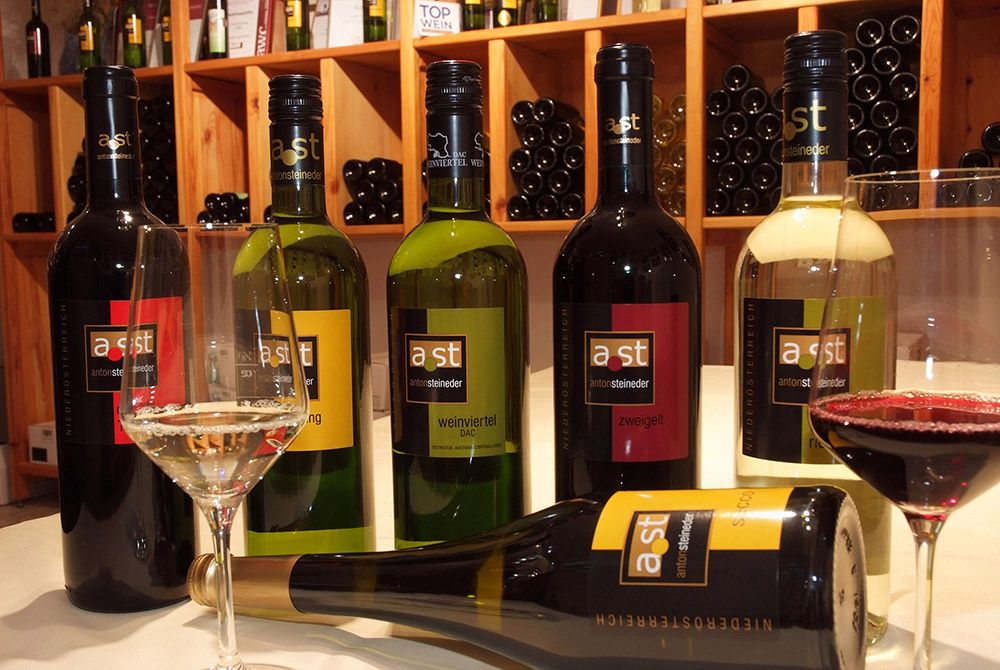 Verschiedene Weinflaschen und Gläser auf einem Tisch in einem Weinkeller.