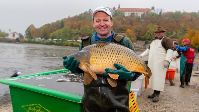 Ein Mann h&auml;lt einen gro&szlig;en Karpfen vor einem Teich. Im Hintergrund sind weitere Personen und ein Geb&auml;ude auf einem H&uuml;gel zu sehen.