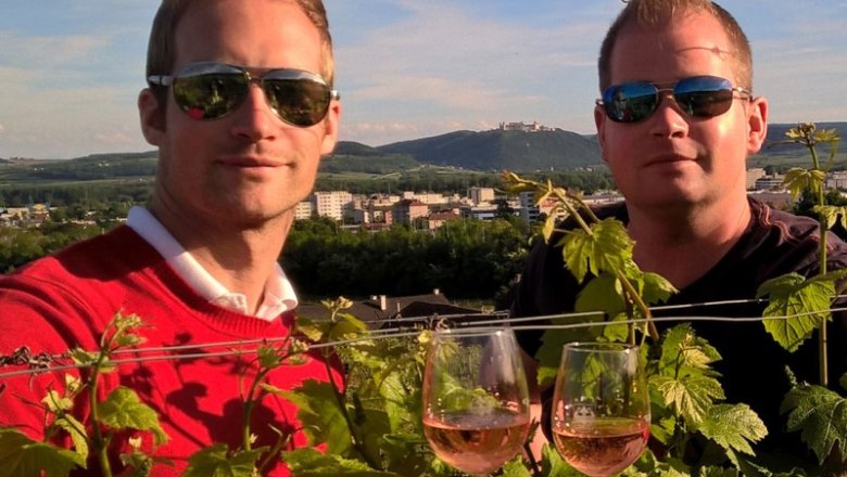 Zwei M&auml;nner mit Sonnenbrillen sto&szlig;en mit Weingl&auml;sern in einem Weinberg an.