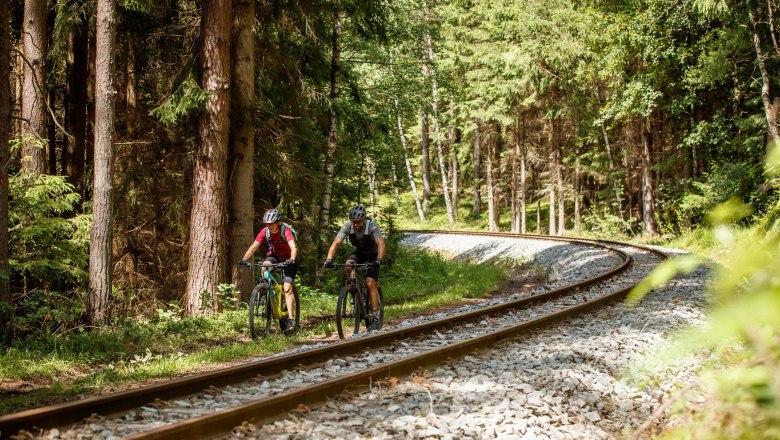 Zwei Radfahrer fahren auf einem Pfad neben Bahngleisen durch einen Wald.