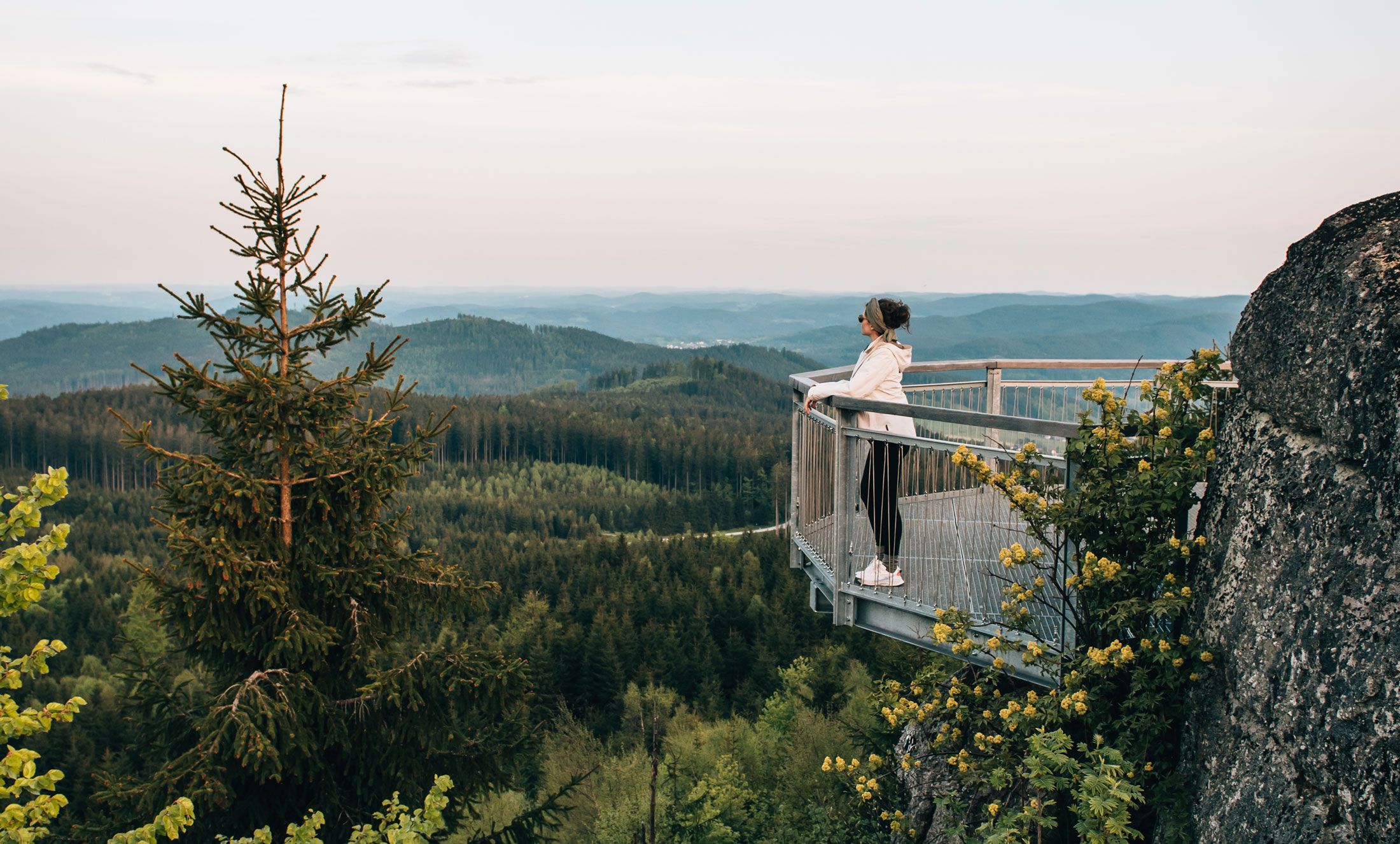 Eine Person steht auf einer Aussichtsplattform und blickt über einen bewaldeten Hügel bei Sonnenuntergang.