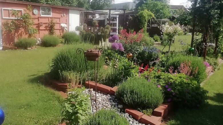 Ein gepflegter Garten mit Staudenbeeten, Ziegelumrandungen und bl&uuml;henden Pflanzen unter blauem Himmel.