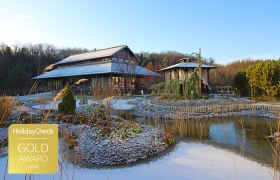 Asiatisch inspiriertes Gebäude mit Teich und Winterlandschaft.