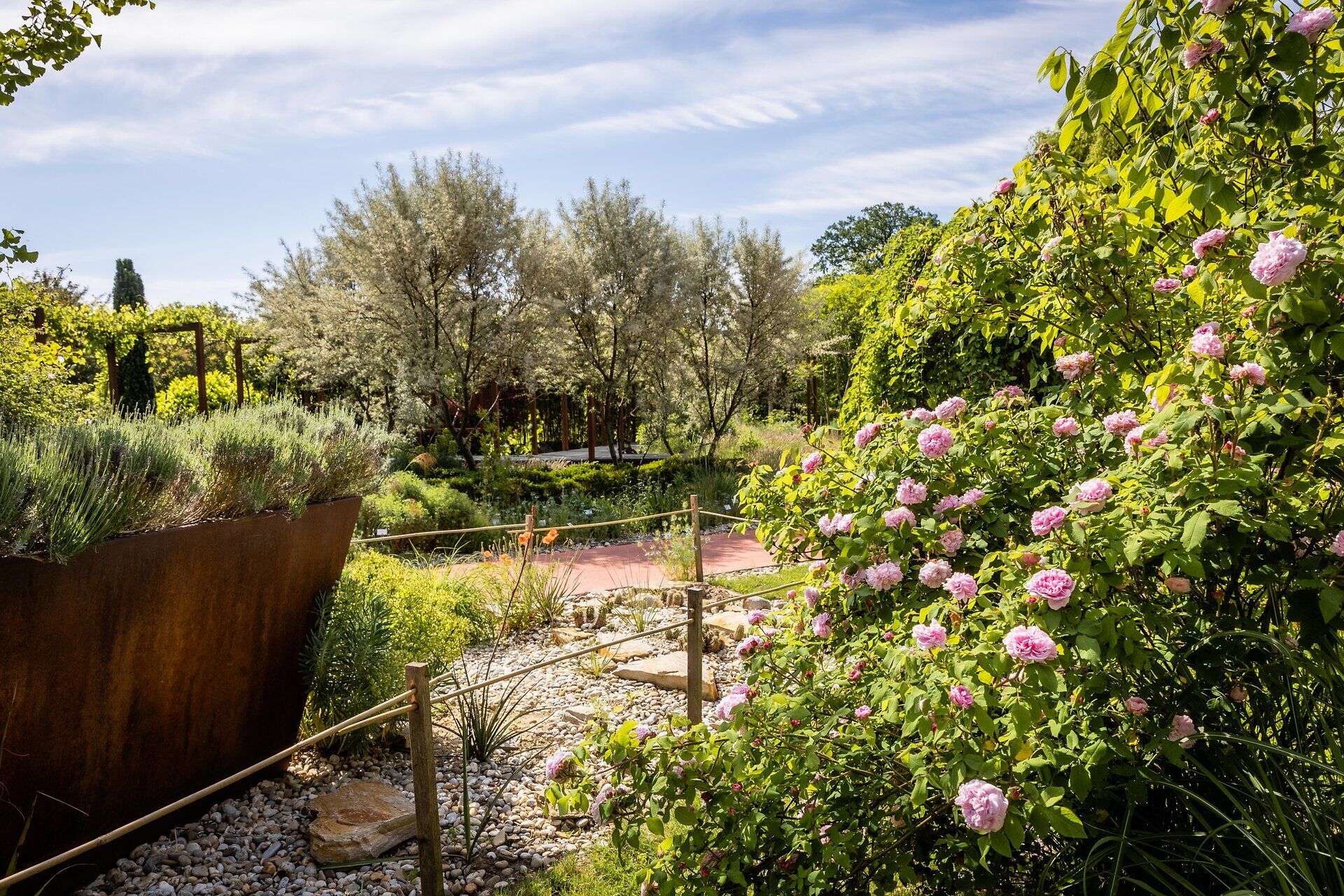Inmitten blühender Rosen und duftender Lavendelsträucher entfaltet sich ein harmonisches Gartenparadies. Die sanften Hügel und die üppige Vegetation laden dazu ein, die Seele baumeln zu lassen und die Schönheit der Natur zu genießen.