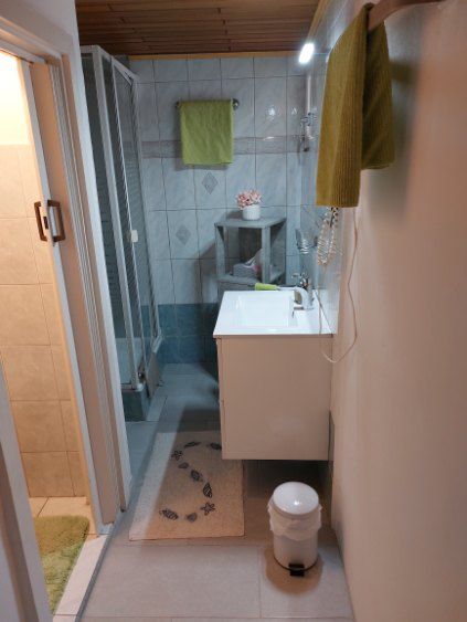 Kleines Badezimmer mit Dusche, Waschbecken und Handtüchern.