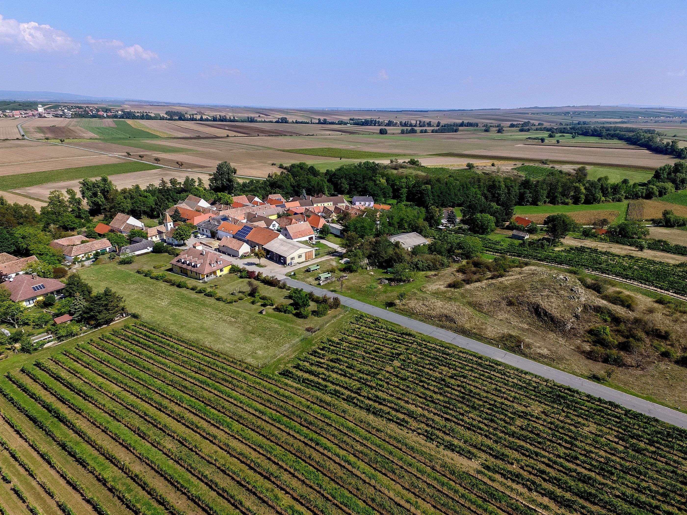 Luftaufnahme eines kleinen Dorfes umgeben von Feldern und Weinbergen.