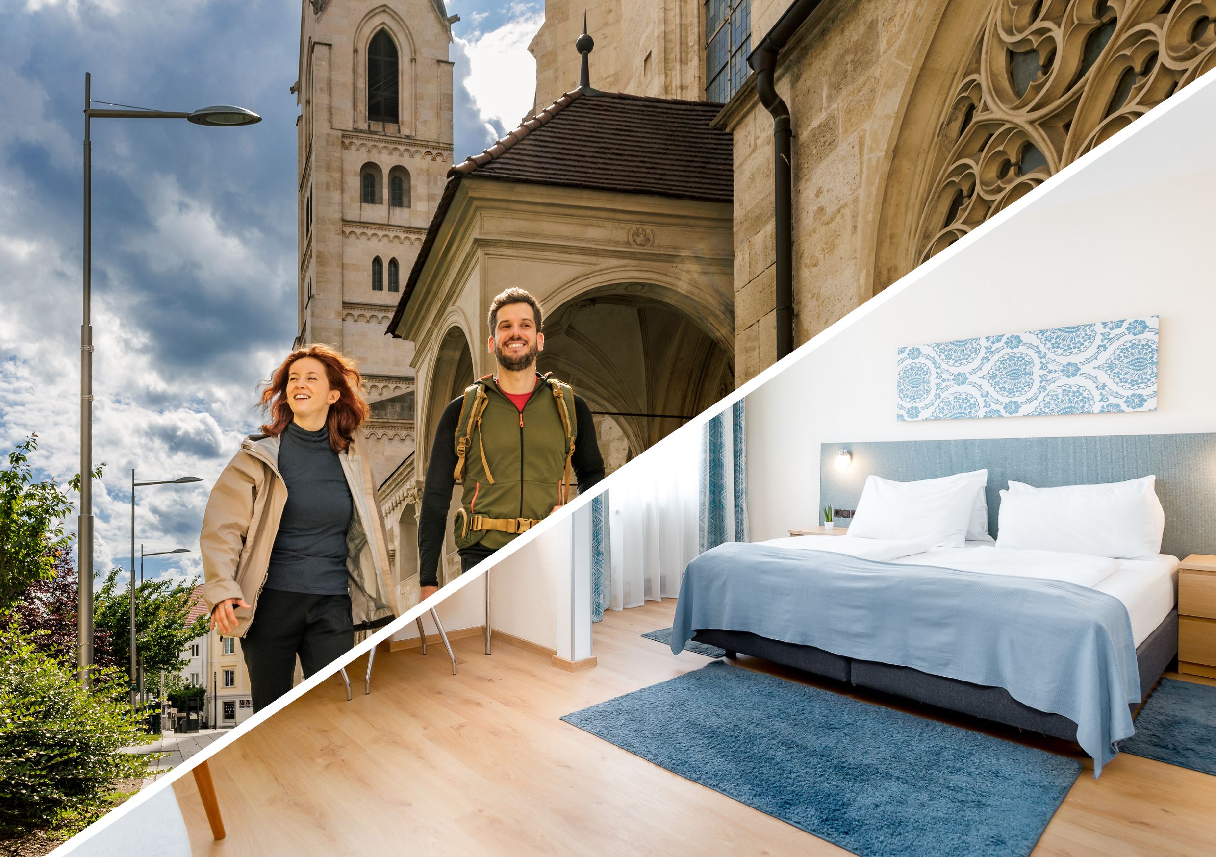 Pärchen, welches am Dom entlangspaziert und ein Zimmer im Hotel Zentral