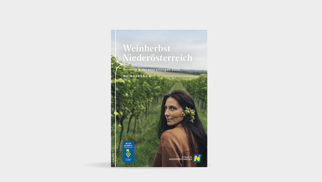 Frau mit Trauben im Haar steht zwischen Rebzeilen eines Weingartens und blickt über die Schulter zurück