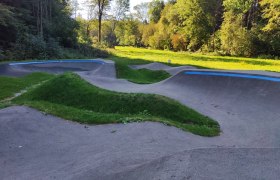 Pumptrack in Bad Schönau mit grüner Umgebung und Bäumen im Hintergrund.